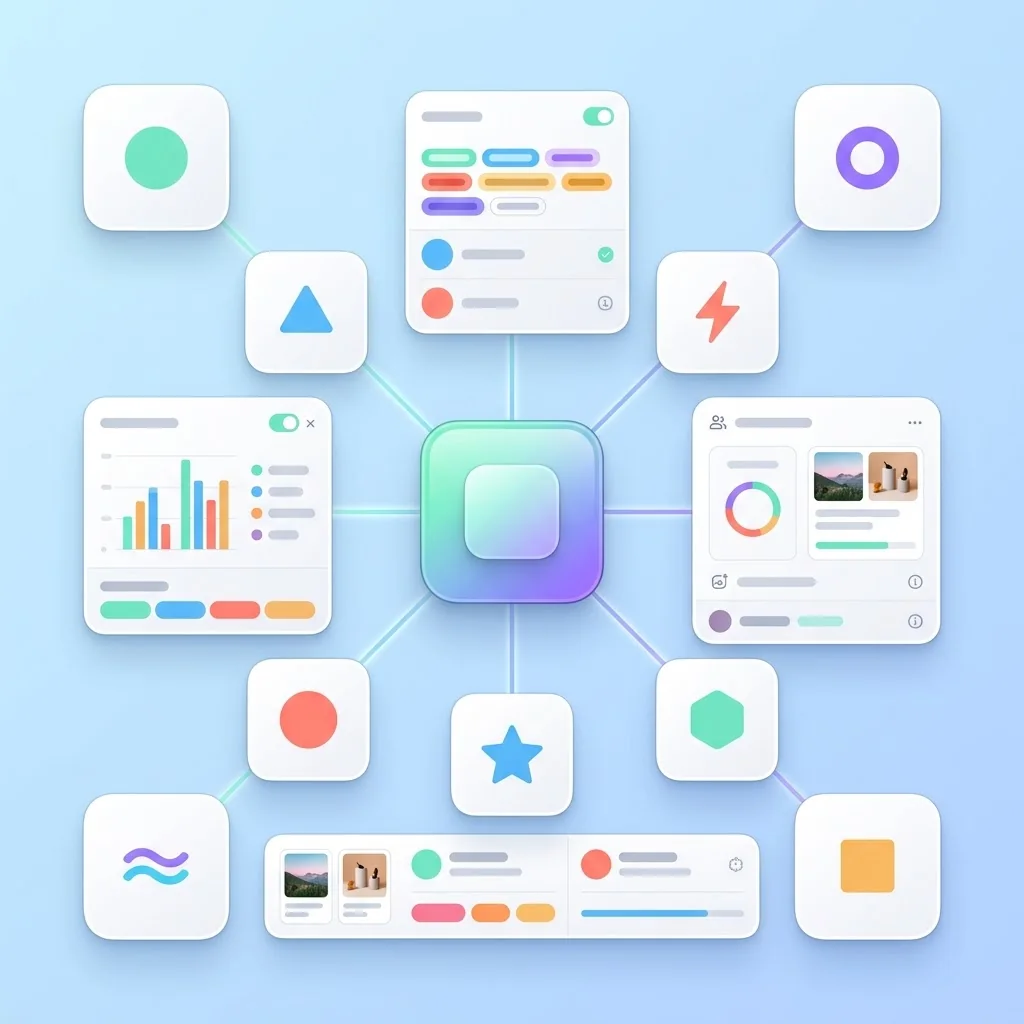 A central tile connected to six small app tiles